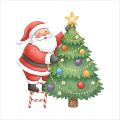 Santa Claus Vector Decorating Christmas Tree Illustration Isolated on White Background
