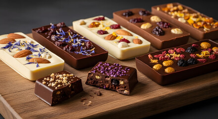 Assorted chocolate bars with nuts and dried fruits on a wooden serving board against dark background