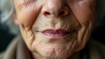 The close-up view of an elderly woman's lips showcases the intricate texture of her skin, with prominent lines and wrinkles that reflect her many years of life experiences.
