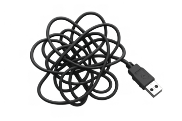 Tangled black usb cable creating a complex knot, symbolizing confusion, problem, chaos, and connection issues on transparency