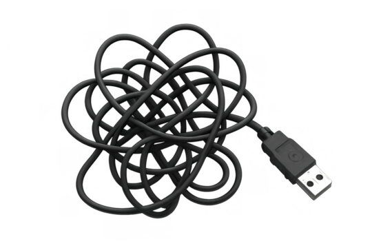 Tangled black usb cable creating a complex knot, symbolizing confusion, problem, chaos, and connection issues on transparency