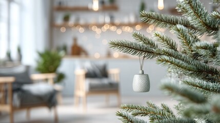 Christmas tree branch with ornament in cozy room pine needles