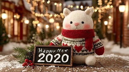 Charming knitted cat in holiday attire by a  Happy New Year 2020  chalkboard set against a warm bokeh lit snowy winter street scene for seasonal greetings
