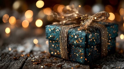 Close up of a decorative teal gift box covered in gold glitter and tied with a shimmering gold ribbon set against a blurred background of warm festive bokeh lights on a dark wooden table
