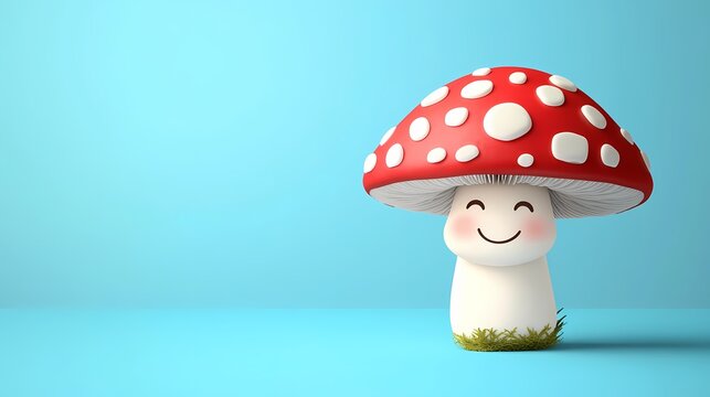 Adorable anthropomorphic toadstool character stands against a bright cyan  background