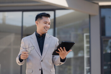 Male businessman using a digital tablet analyzes business data outside an office building.