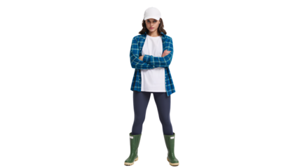 Young woman wearing blue plaid shirt white t shirt dark pants and boots standing with arms crossed isolated on transparent background
