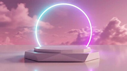 A two-tiered octagonal podium sits before a glowing circular light with a background of a pastel pink sky filled with clouds - Powered by Adobe
