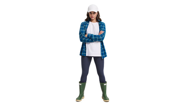 Young woman wearing blue plaid shirt white t shirt dark pants and boots standing with arms crossed isolated on transparent background