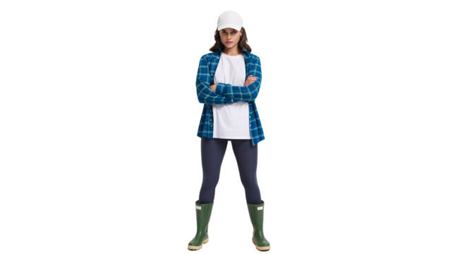 Young woman wearing blue plaid shirt white t shirt dark pants and boots standing with arms crossed isolated on transparent background