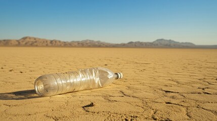 Discarded plastic bottle pollutes barren desert landscape under clear blue sky