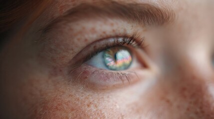 Obraz premium Close-up of a person's eye. the eye is the focal point of the image, with the iris being the most prominent. the iris is a beautiful shade of blue, with a rainbow-like iris in the center.