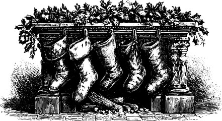 Illustration of stockings in a vintage style hanging on a decorative pot with greenery. Detailed vector design featuring festive holiday elements set in a classic black drawing.