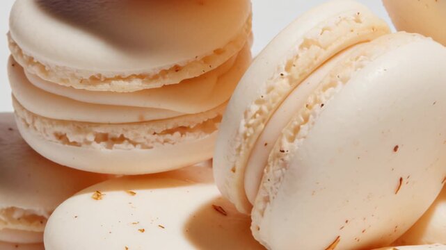 Delicate white macarons stacked artistically, showcasing smooth textures and subtle details, as the camera gracefully zooms in to highlight the intricate layers and creamy filling