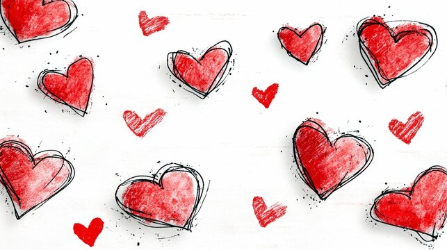 A collection of hand-drawn red hearts with a textured crayon-like appearance and sketchy black outlines are scattered across a white surface.