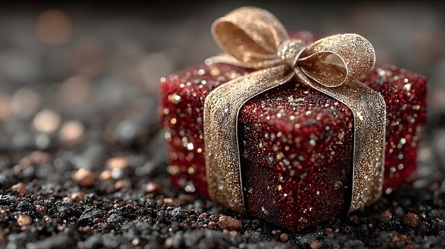 Close up of an exquisite glittery red present beautifully wrapped with a luxurious gold ribbon and bow placed on a dark rough ground with softly blurred lights enhancing its festive elegance