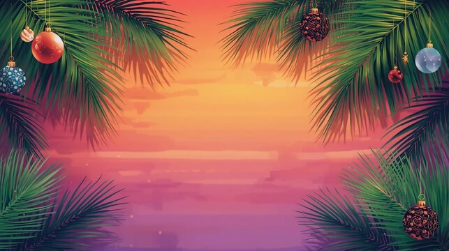Tropical Christmas vibes with palm leaves and ornaments against a vibrant sunset background, perfect for holiday greetings, posters, or a seasonal design