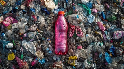 Vibrant pink bottle stands out amidst vast plastic waste pile highlighting global pollution crisis