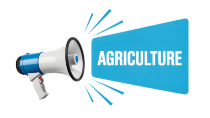 Blue and white megaphone broadcasting the word agriculture in bold white letters on a blue banner isolated on transparent background