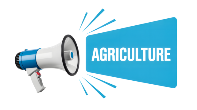 Blue and white megaphone broadcasting the word agriculture in bold white letters on a blue banner isolated on transparent background