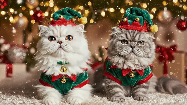 Two adorable cats in elf costumes for Christmas