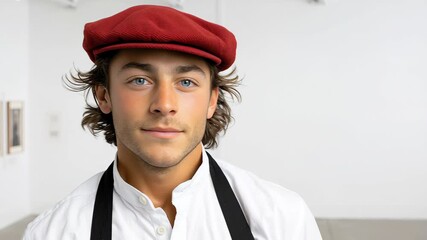 Young male chef with blue eyes and a red beret, confidently poses in a bright kitchen, showcasing culinary passion, camera gradually zooms in for a close-up