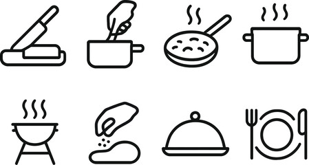 Cooking and Dining Icon Set, Cooking Icon Set, Culinary Activity Icons – Black Line Illustrations of Food Prep, Cooking, Serving, and Eating Activities for Culinary and Restaurant Design Projects