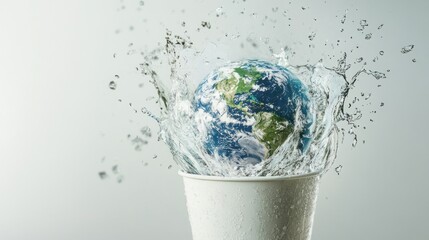Earth splashes from cup with water, symbolizing global hydration and environmental impact.