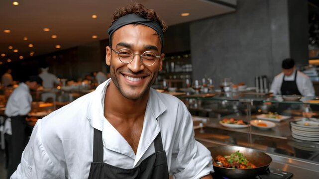 Chef in a bustling kitchen smiles confidently while presenting a vibrant dish, showcasing culinary skills and teamwork, with a dynamic camera zooming in for an engaging view