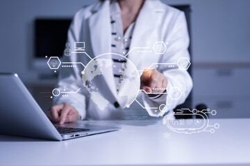 Learning online working concept. Businesswoman working on tablet and laptop computer, searching...