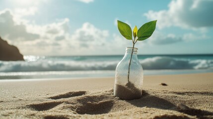 Hopeful green sprout in glass bottle on sandy beach with ocean waves and blue sky