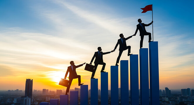 Ambitious business professionals scale a symbolic growth graph to reach their ultimate success goal