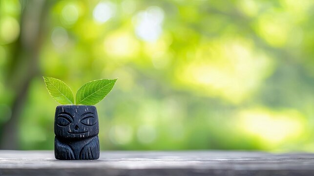 A small, carved wooden tiki statue with two green leaves emerging from its top, placed on a wooden surface with a soft, blurred green background.