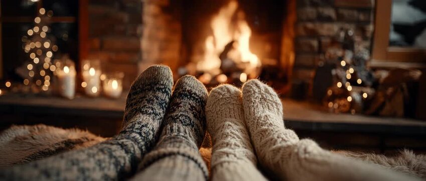 Cozy winter evening by fireplace with warm socks
