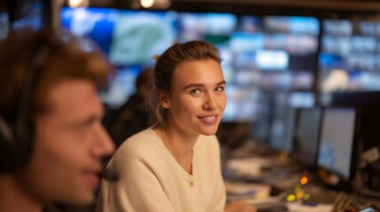 A crisis-response media crew broadcasting from an emergency command center, screens filled with maps and data behind the reporter as technicians manage live feeds — crisis reporting, real-time