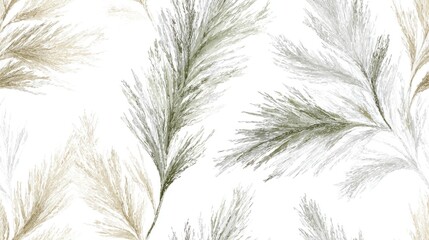 Naklejka premium A delicate pattern of soft green and beige foliage, creating a tranquil and natural aesthetic on a white background.