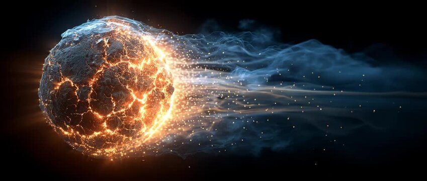 Burning Meteorite Entering Atmosphere with Fiery Trail