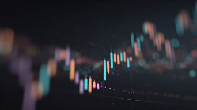 Close-up of a stock market chart with a dark background. the chart is made up of multiple bars of different colors, each representing a different trend or indicator.