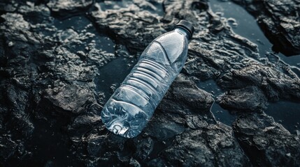 Discarded plastic water bottle pollutes dark, rocky shoreline with water puddles