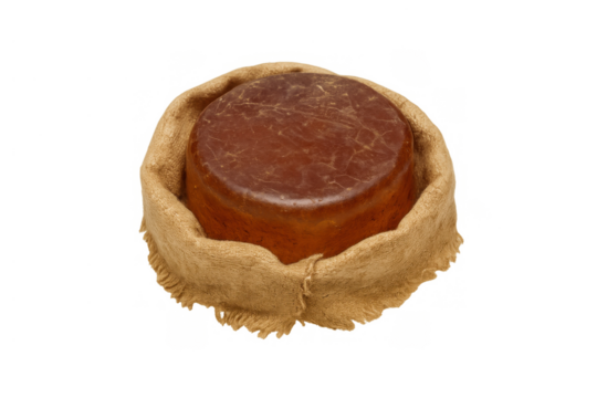 Round natural artisanal soap bar in burlap wrapper, eco-friendly solid shampoo product for sustainable personal care