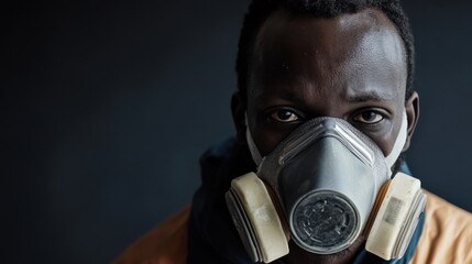 Man wearing respirator mask stares intensely, conveying resilience and protection against unseen threats