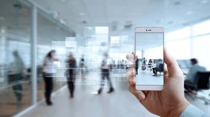A hand holds a smartphone showing a digital interface, while people work in a modern office environment in the background.
