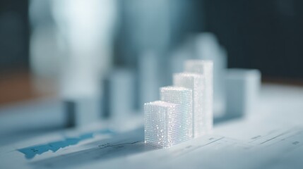 Close-up of a miniature model of a city skyline. the model is made up of small, white dots that are arranged in a grid-like pattern.
