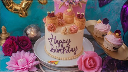 Naklejka premium Birthday Gift Set with Cupcakes, Cake, and Greeting Card