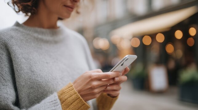 Young woman standing on a street, holding a white smartphone in her hands. she is wearing a grey sweater and a yellow sweater.