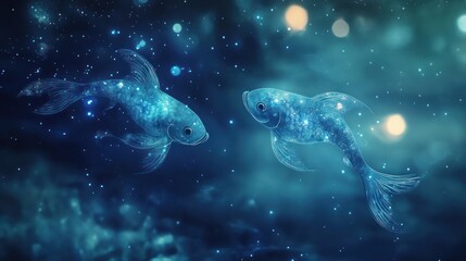 Celestial Duo: Luminous Fish Drifting Through a Dreamy Starry Sea