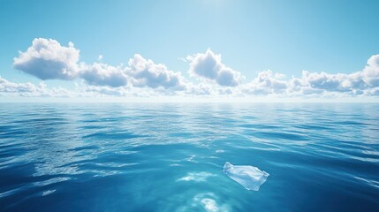 Plastic bag drifts on vast blue ocean under bright sky highlighting pollution crisis