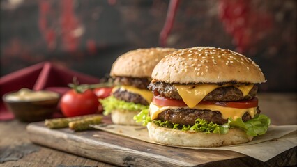 Two mouthwatering double cheeseburgers with melted cheese, crisp lettuce, and fresh tomatoes served on a rustic wooden board