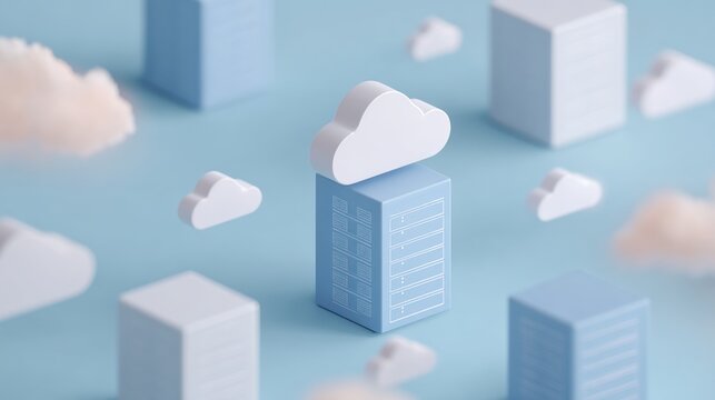3d rendering of a cloud computing concept. the background is a light blue color and there are several white clouds scattered around the image.
