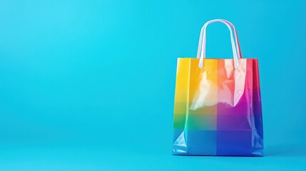 Vibrant rainbow shopping bag pops against clean blue background for retail promotions